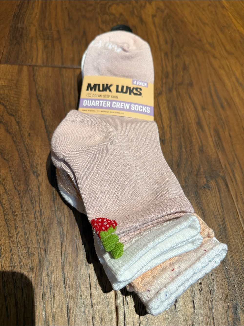 Muk Luks Light Pink Quarter Crew Socks with Strawberry Embroidery - Pack